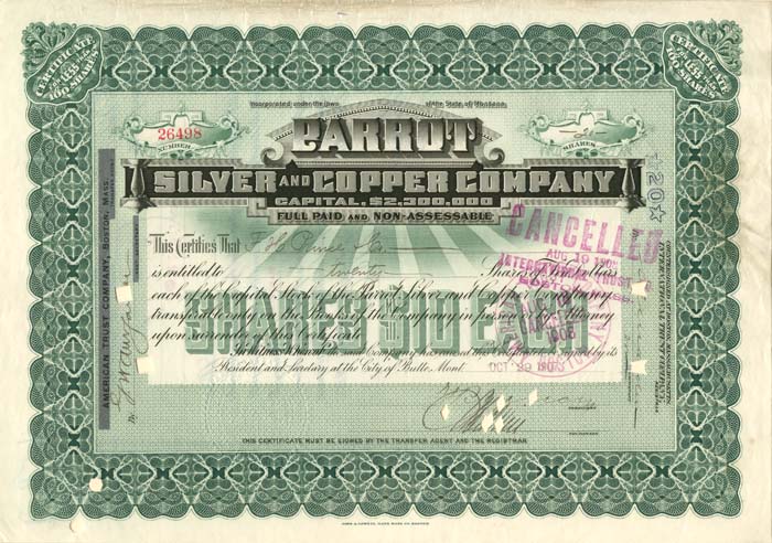 Parrot Silver and Copper Co. - Parrot with Ingot Vignette - Montana Mining Stock Certificate